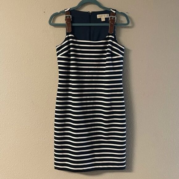 Michael Kors - black / white stripe stretch dress with buckle straps - Picture 1 of 7